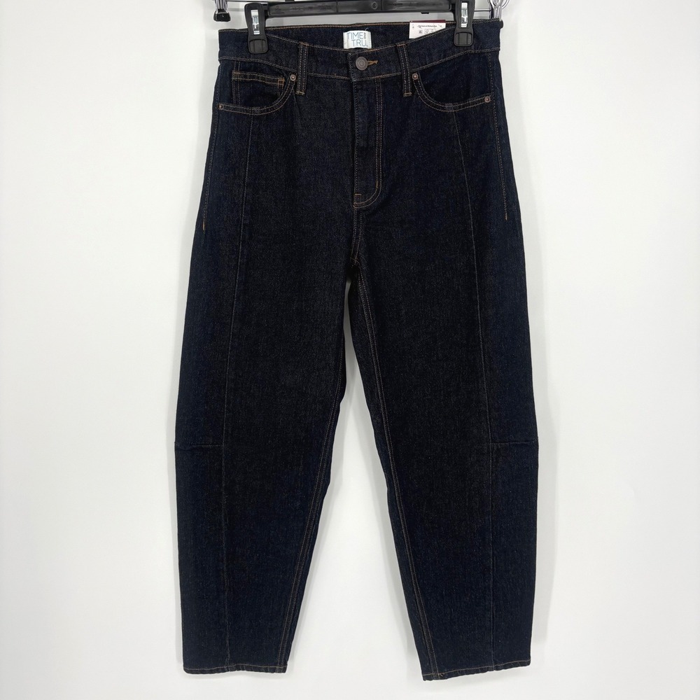 Time and Tru Barrel Leg Jeans Women 4 Dark Rinse Wash High Rise Seamed Denim